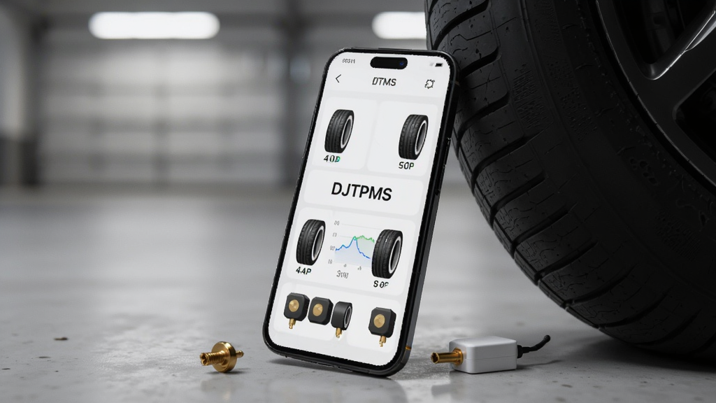 ����������һ�����������ֻ�����Ļ������ʾ��DJTPMS��������̥ѹ�����棬�ĸ���̥ͼ��ֲ����ܲ���ע��ѹ���֣��ֻ�б������ɫ������̥�ԣ�������ǳ��ɫ�����������Ͷ��ƣ�����Ϊ���й�ͼ��Ʒչʾ�磬�Ű�ɾ����׳��㣬���Ϊдʵ�Ƽ��У�ϸ�ڰ������������졢������С�����������ߣ����ʸ��塢�ɾ����޶���Ԫ��