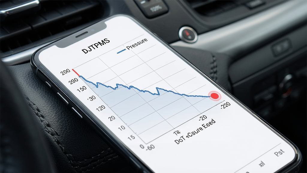 �ֻ���Ļ��ʾһ�������½�������ͼ��ͼ������д�С�DJTPMS������������Ϊ��������Ϊ��ѹֵ������ĩ����һ����ɫԲ���ǣ��ֻ������������Ǳ�̨�ԣ�����Ϊб����д��ͼ�����Ϊ�ִ����ݿ��ӻ���ϸ�ڰ��������ߡ�ͼ����ǩ�������Ӱ�����ʸ��塢�ɾ����޶���Ԫ��