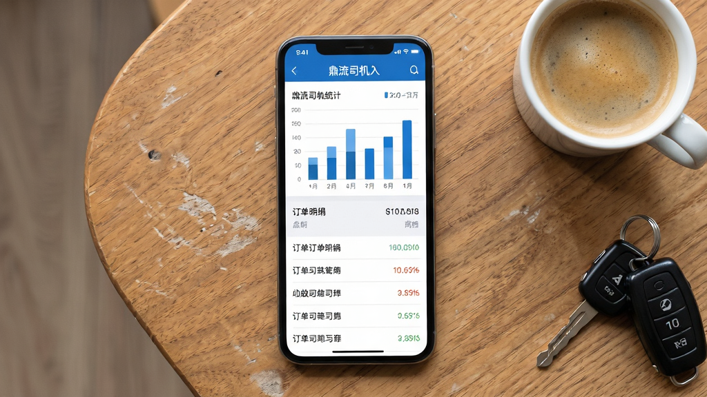 手机屏幕展示鼎流司机的收入统计页面,页面上方为柱状图,下方为订单明细列表,整体配色以蓝白为主,手机平放在木质桌面上,旁边有一杯咖啡与车钥匙作为点缀,布局为俯拍视角居中构图,风格为清新商务风,细节上突出图表清晰与界面整洁,画质高清,画面干净,无多余元素