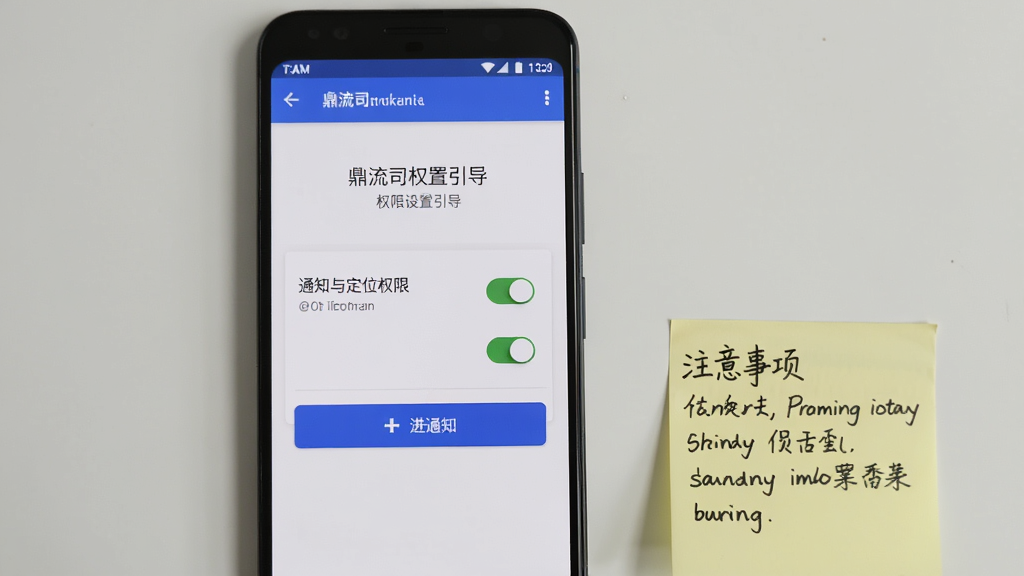 一部安卓手机屏幕显示鼎流司机的权限设置引导页面,页面上有通知与定位权限的开关示意,手机旁边放置一张写有注意事项的便签纸,布局为手机居中、便签纸位于右下角,风格为简洁说明风,细节上突出界面按钮与便签文字的可读性,画质清晰,画面干净,无多余元素