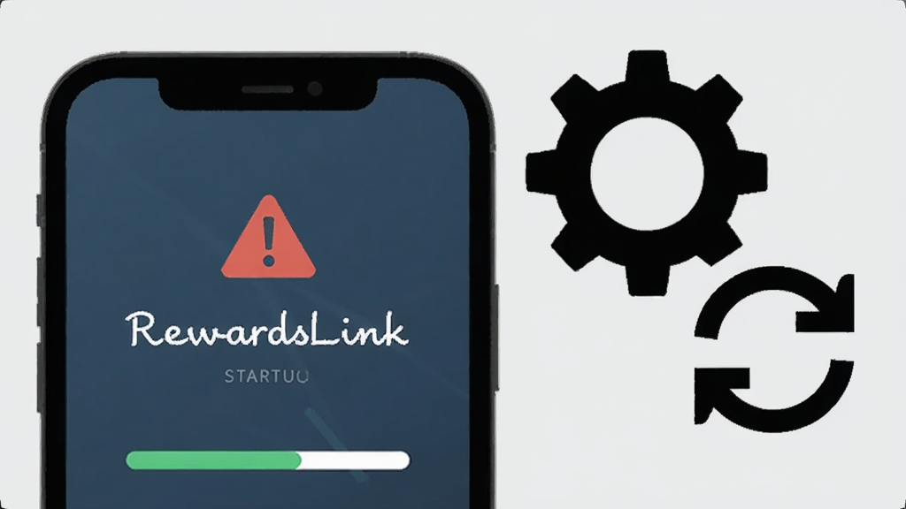 手机应用故障排查场景示意图,画面为手机屏幕显示RewardsLink启动页面,旁边有齿轮和刷新图标元素,背景为浅灰色,风格简约商务,细节包括警示三角图标和进度条,画质清晰,干净,无多余元素