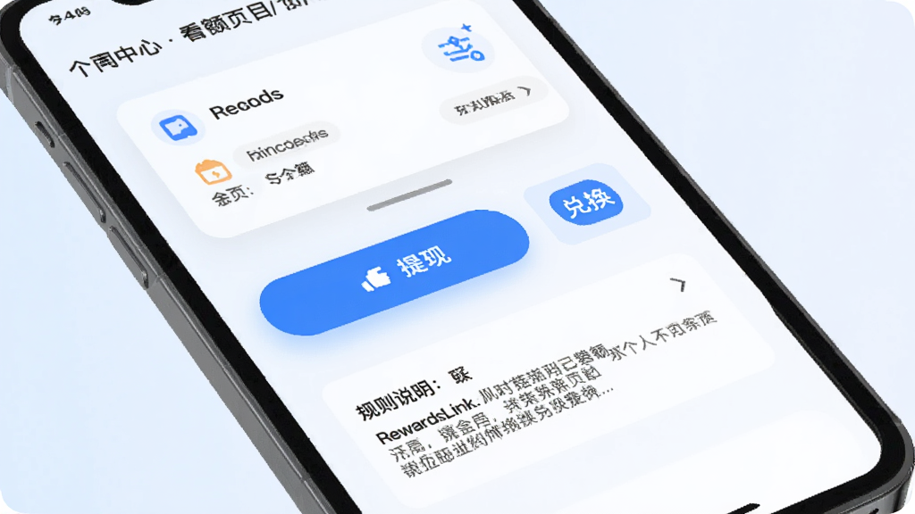 RewardsLink个人中心页面示意图,画面为手机屏幕内显示余额卡片、提现按钮和兑换入口,按钮采用蓝色高亮,下方有规则说明文字区域,背景为浅色渐变,风格清新浅色,细节包括圆角按钮和图标,画质清晰,干净,无多余元素