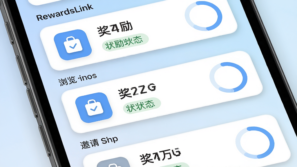 手机应用任务列表界面特写,画面主体为RewardsLink应用内的任务卡片区域,卡片按签到、浏览、邀请三类分组排列,每张卡片左侧有图标右侧有奖励数值和状态标签,背景为淡蓝色渐变,风格清爽扁平,细节包括圆角卡片阴影和进度圆环,画质清晰,干净,无多余元素