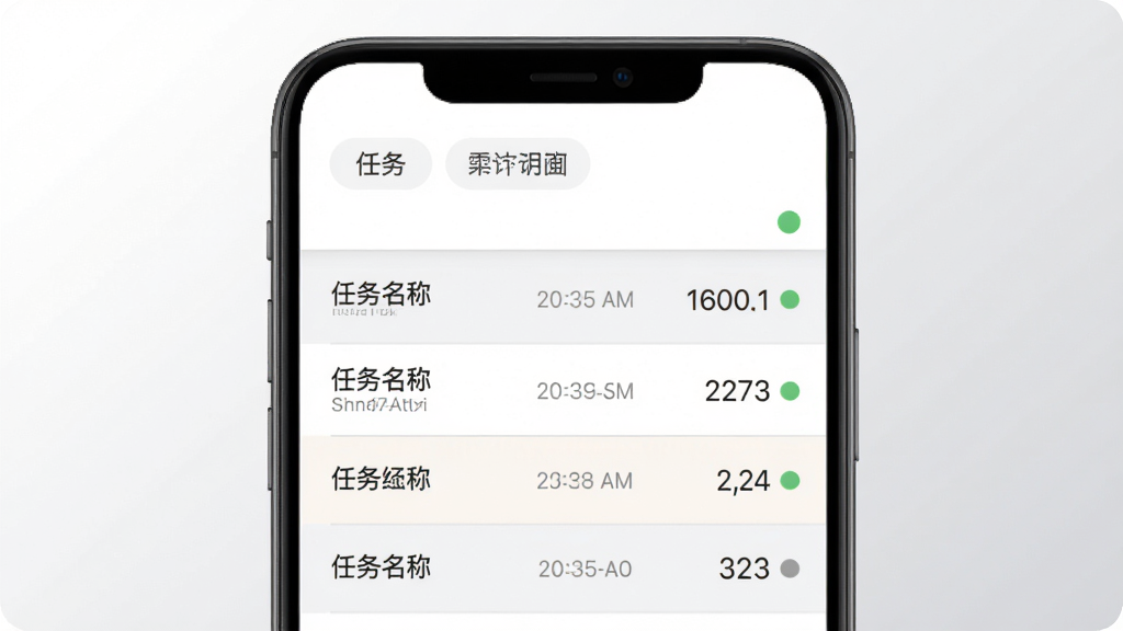 RewardsLink奖励明细页面截图风格示意图,画面为手机屏幕内显示流水列表,每条记录包含任务名称文字、时间戳和奖励数字,列表采用浅色隔行底色,顶部有筛选标签,背景为白色到浅灰渐变,风格素雅极简,细节包括细分割线和圆形状态点,画质清晰,干净,无多余元素