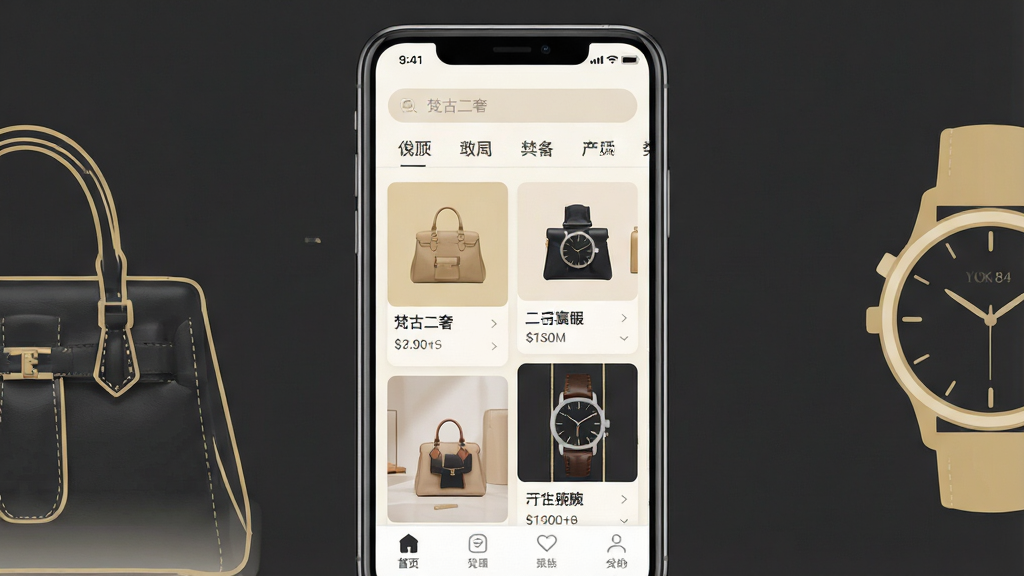 一张手机应用界面展示图,画面中央是一部竖屏智能手机,屏幕上显示“梵古二奢”APP首页,顶部有搜索框和分类标签,中部为二手奢侈品箱包与腕表的商品卡片瀑布流,底部为导航栏。布局为居中对称构图,手机两侧点缀简约的奢侈品元素线稿,如手袋轮廓与腕表表盘。风格为现代扁平化UI展示风格,色调以米白、浅金与深灰为主,细节干净利落,画质清晰锐利,背景纯色无多余元素,画面中文字“梵古二奢”清晰可辨。