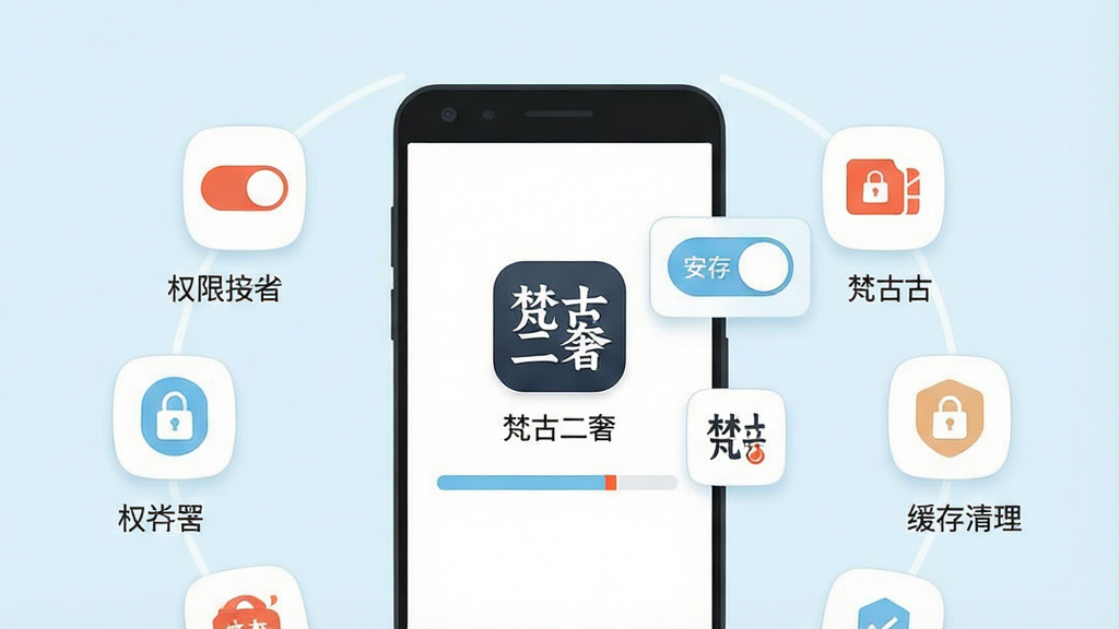 一张表现手机应用安装与权限设置的示意图,画面中一部安卓手机屏幕显示“梵古二奢”应用图标与安装进度条,旁边漂浮着权限开关图标与缓存清理图标。布局为手机居中,图标环绕四周呈半圆排列,风格为扁平化科技插画风,色调以白、浅蓝与少量橙红提示色为主,细节简洁清晰,画质干净,背景纯色无多余元素,图标旁文字“梵古二奢”清晰。