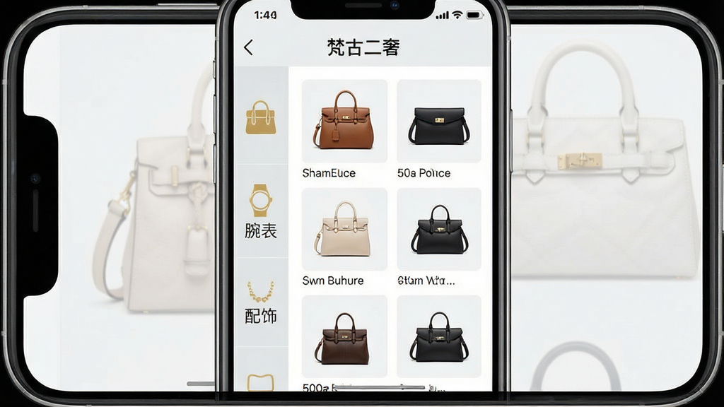 一张展示二手奢侈品分类界面的手机截图风格图片,画面主体为手机屏幕,屏幕上呈现“梵古二奢”的分类页面,左侧为箱包、腕表、配饰等竖向标签,右侧为对应品牌与款式缩略图网格。布局为手机居中,四周留白,风格为清爽UI展示风,色调以浅灰与白色为主,点缀少量金色图标,细节清晰,画质干净,背景无杂乱元素,屏幕内“梵古二奢”字样清晰。