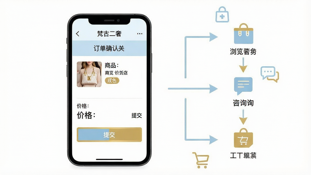 一张表现二手奢侈品交易流程的手机界面示意图,画面中手机屏幕显示“梵古二奢”订单确认页面,包含商品缩略图、成色标签、价格与提交按钮,屏幕旁边用简洁的箭头与图标示意浏览、咨询、下单三个步骤。布局为手机居中偏左,右侧为流程图标纵向排列,风格为扁平化信息图风格,色调以白、浅蓝与金色点缀,细节清晰,画质干净,背景纯白无多余装饰。