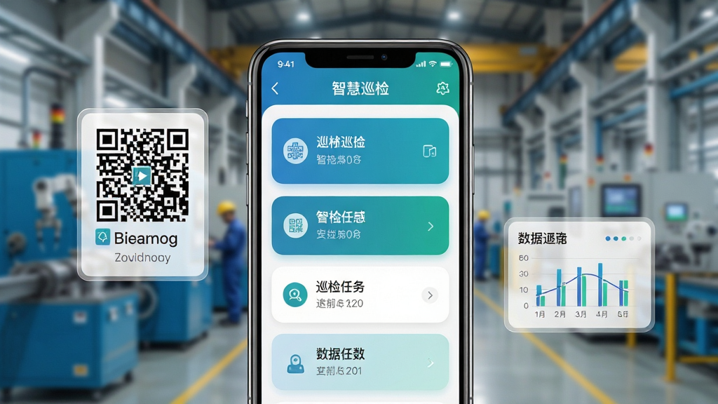画面主体是一部智能手机,屏幕上显示智慧巡检APP的巡检任务列表界面,背景是工厂设备与巡检通道的虚化场景,布局采用居中手机展示加左右两侧悬浮的巡检点二维码与数据图表元素,排版简洁清晰,风格为现代商务科技风,细节包括手机边框高光、界面卡片圆角、蓝绿色调搭配,画质高清锐利,画面干净无多余元素