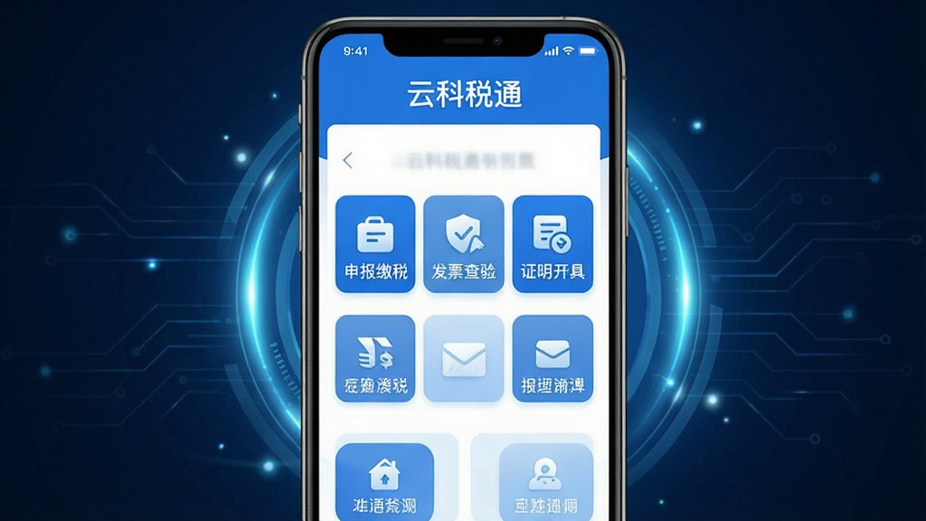 һ���ֻ�Ӧ�ý����ͼ����ͼƬ�������������ƿ�˰ͨ�Ĺ��ܾۺ�ҳ�棬ҳ���Ϸ���ʾ�������ơ��ƿ�˰ͨ�����·��������걨��˰����Ʊ���顢֤�����ߵ�ͼ�갴ť����ɫ������Ϊ������������������Χ�е����ĿƼ��й�Ч��������ִ�������������������Ԫ��
