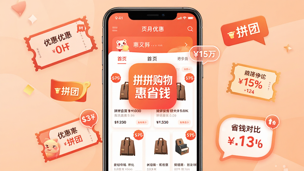 手机屏幕中央展示“拼拼购物惠省钱”应用图标与首页优惠商品瀑布流,界面采用红橙暖色调,周围环绕优惠券、拼团标签、价格对比等元素,整体布局为竖版手机海报构图,风格为清爽扁平化电商视觉,细节包括商品卡片、折扣角标、省钱金额气泡,画质清晰干净,无多余元素