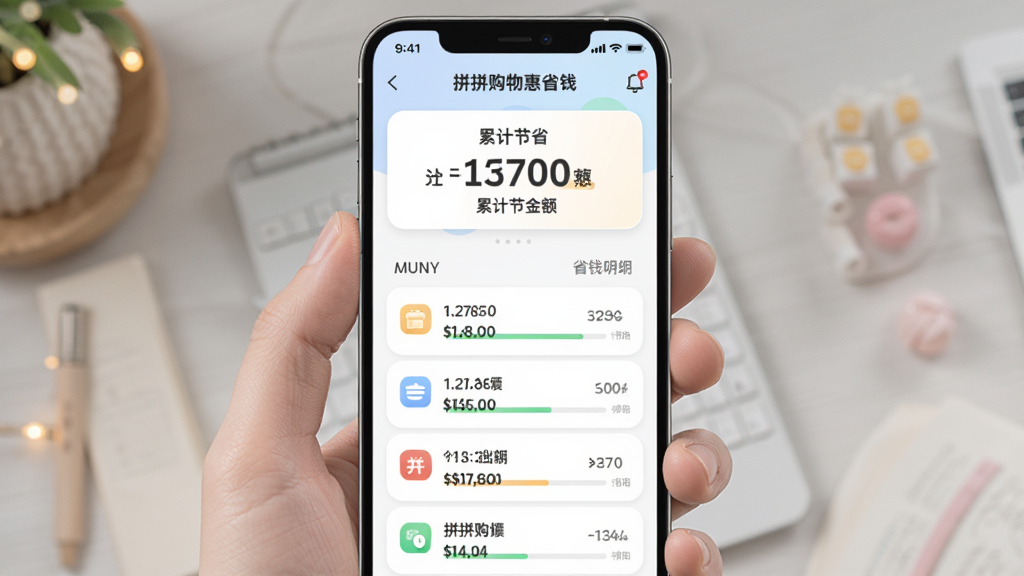 手机界面展示“拼拼购物惠省钱”个人中心省钱记录页面,顶部为累计节省金额数字卡片,下方为按月份排列的省钱明细列表,整体布局为竖版手机截图,风格为柔和圆角卡片式设计,细节包含金额高亮、进度条、图标装饰,画质清晰干净,无多余元素