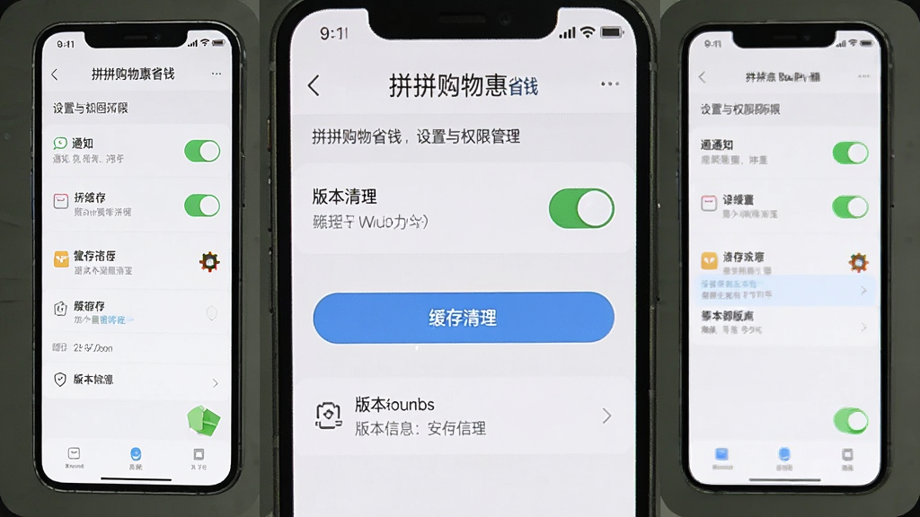 手机屏幕展示“拼拼购物惠省钱”设置与权限管理页面,包含通知开关、缓存清理按钮、版本信息等选项,整体布局为竖版手机界面,风格为浅色极简列表式设计,细节包含开关控件、图标、分割线,画质清晰干净,无多余元素