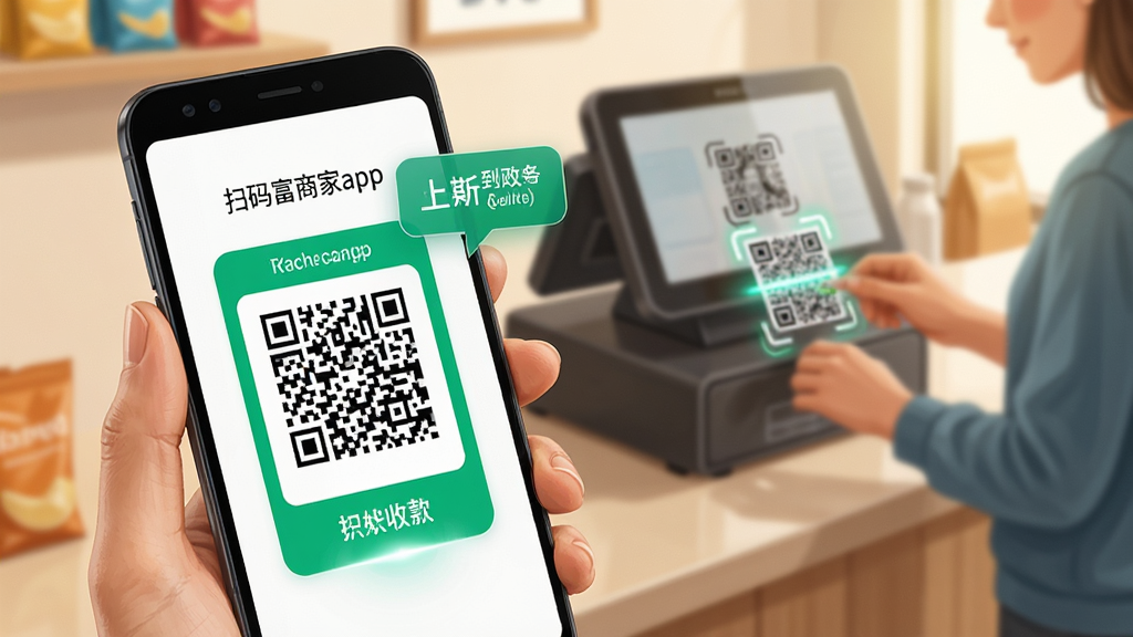 ����������һֻ�ְֳ�׿�ֻ�չʾ��ɨ�븻�̼�app���ۺ��տ��룬����Ϊ��Լ���̹�̨������Ϊǰ���ֻ���д�������黯������̨��˿�ɨ�붯�����Ű���öԽ����Ӿ��������տ���λ�ڻ���ƽ�ָ�㣻���Ϊдʵ��ҵ��Ӱ�в廭��ɫ����ů������ϸ�ڰ����տ���߿�ɨ���Ч��������ʾ���ݣ���������������ɾ����޶���Ԫ��