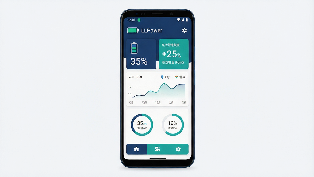 һ��չʾ��׿�ֻ���ع���Ӧ�ý���Ĳ�Ʒ��ͼ���ͼƬ������������һ�������ֻ�����Ļ��ʾ�����ٷֱȡ���ؽ����ȡ���繦�ʡ��¶ȵ����ݿ�Ƭ�����岼��������Ϊ����״̬�����в������Ǳ����͵ײ����ܰ�ť�������Ϊ�ִ���Լ�Ƽ��磬��ɫ������������ɫΪ����ϸ�ڰ������ͼ�ꡢ����ͼ����Բ�ν��Ȼ������ʸ���ɾ��������пɳ������֡�LLPower�����޶���Ԫ��