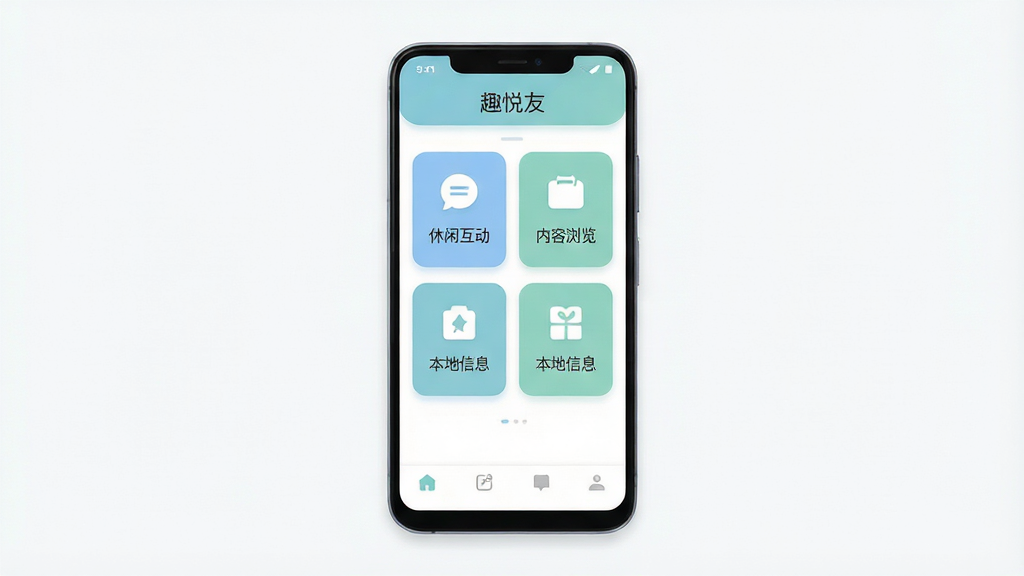 手机应用界面展示图,主体为一部竖屏安卓手机,屏幕中央显示“趣悦友”应用主页面,页面顶部有软件名称“趣悦友”文字标识,中部为卡片式功能入口排列,包含休闲互动、内容浏览、本地信息等模块图标,底部为简洁导航栏,布局居中对称,排版清爽留白充足,风格为现代扁平化UI设计,细节上采用柔和蓝绿配色、圆角卡片、轻阴影,画质清晰干净,无多余元素
