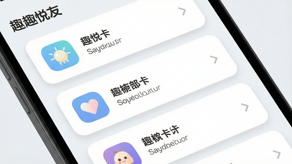 手机屏幕特写图,画面主体为“趣悦友”应用内的休闲互动卡片列表界面,布局为纵向滚动卡片流,每张卡片包含图标与简短文字说明,排版整齐有序,风格为清新浅色扁平化设计,细节上卡片带圆角与淡阴影、背景为浅灰白,画质清晰干净,无多余元素