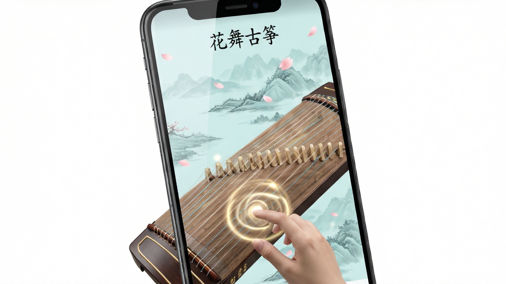 主体是一部竖屏安卓手机,屏幕上显示花舞古筝软件的二十一弦弹奏界面,琴弦呈米白色半透明排列,背景是淡青色的水墨山水与飘落花瓣;布局为手机居中略微倾斜,四周留白干净;排版简洁突出软件界面;风格为国风清新写实;细节包括屏幕反光、琴弦高光、指尖轻触琴弦的动效光晕,界面顶部显示“花舞古筝”字样;画质高清细腻,画面干净,无多余元素。
