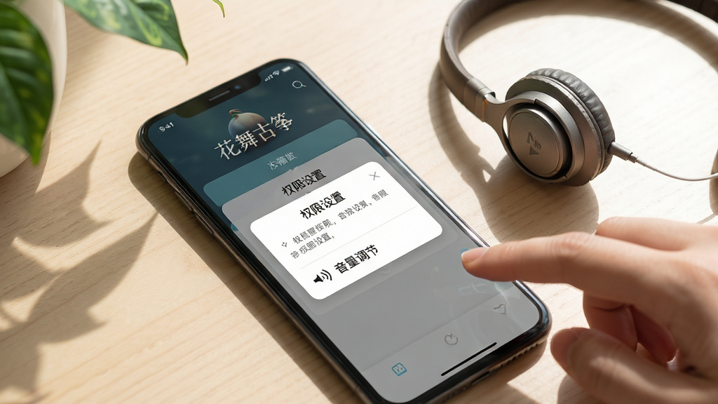 主体是一部手机屏幕显示花舞古筝软件设置界面与权限提示弹窗,旁边放着耳机与手指轻触屏幕的动作;布局为手机斜放于浅木色桌面,弹窗位于屏幕中央;排版突出“权限设置”与“音量调节”两个区域;风格为生活化写实;细节包括屏幕上的“花舞古筝”标题、柔和的自然光、桌面上的绿植虚影;画质清晰,画面干净,无多余元素。