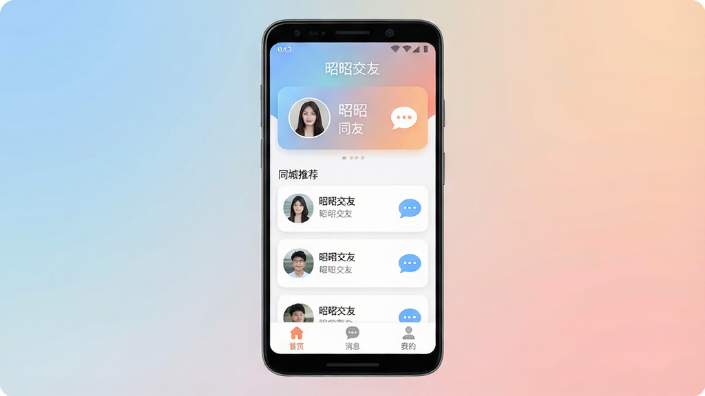 һ���ֻ�Ӧ�ý���չʾͼ������Ϊ��׿�ֻ�������������Ļ�ڳ��֡����ѽ��ѡ�APP��ҳ���棬�����ײ����������û�ͷ��Ƭ��ͬ���Ƽ��б������־��жԳƣ��Ű������������Ϊ�ִ���ƽ��UI��ƣ�ϸ�ڰ���Բ�ǿ�Ƭ����ͽ��䱳������������ͼ�꣬���ʸ���ɾ����޶���Ԫ�أ�����������Ϊ�����ѽ��ѡ���ͬ�ǡ�����Ϣ�����ҵġ�