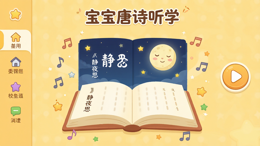 һ����Ϊ��������ʫ��ѧ���Ķ�ͯ�������������棬����������һ���򿪵Ŀ�ͨ��ʫ�飬��ҳ�ϸ��ֳ�����ҹ˼�������ֺ������廭����Χ������������С���ǣ�����Ƿ��ർ�������Ҳ��ǲ��Ű�ť�����������͵�ů��ɫ������ƽ����ͯ�廭��񣬹�ͼ���жԳƣ�����ɾ����࣬���廭�ʣ��޶���Ԫ��