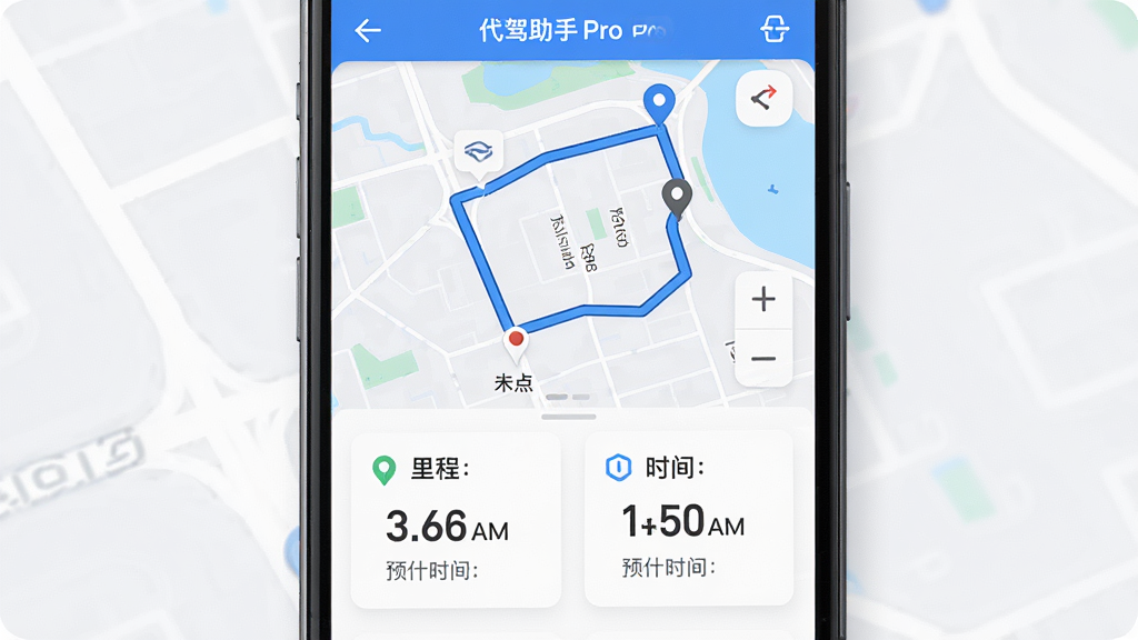 ����������һ���ֻ�չʾ��������Pro·�߹滮���棬����Ϊ��Ļ�ϰ벿�ֵ�ͼ·�ߡ��°벿�������ʱ����Ϣ�����Ű����������Ϊ������ɫ�ĵ�ͼ����UI��ϸ�ڰ�������յ��ǡ�·�߸���������Ԥ��ʱ�����֣������ɾ���࣬���廭��