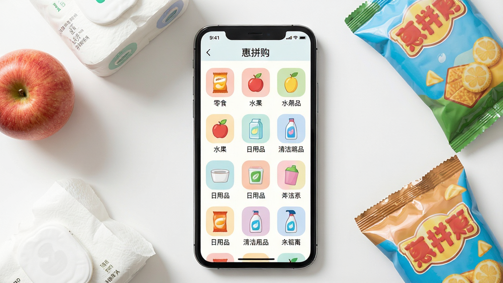 ��������Ϊ��ƴ��Ӧ�÷���ҳ��ʾ�⣬��Ļ��չʾ�����Ʒ����ͼ�����񣬰�����ʳ��ˮ��������Ʒ�������Ʒ��ͼ�꣬ͼ���·��з����������֡��ֻ���Ļ���м���ʵ����Ʒ��ƻ����ֽ������ʳ��װ����Ϊ��׺������Ϊ�ֻ����У�ʵ����Ʒ���ֻ���Χ��Ȼɢ�䡣���Ϊ�������������ϸ����ͼ��ɫ�����ͳһ��ʵ����Ʒ�ʸ���ʵ�����������ɾ����޶���Ԫ�ء�