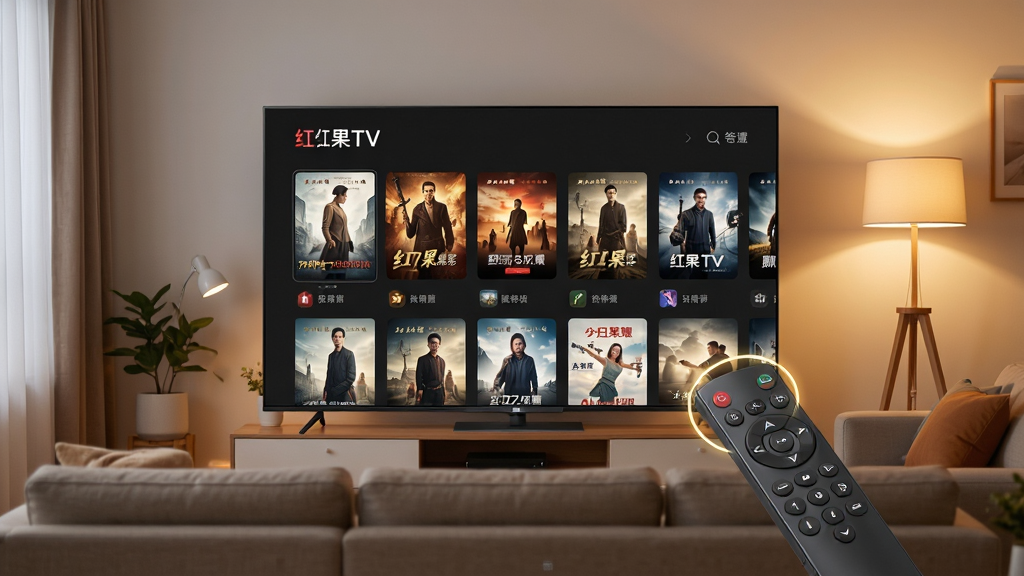 ���TV�������Ӵ�������չʾ����������ΪӰ�Ӻ���ǽ���֣�ң��������������Ƽ���飬����Ϊ��ܰ���������������ǵ�����Ļ����UI���棬���ֲ��þ��й�ͼ�Ϸ������·����������Ű��������׳��㣬���Ϊ�ִ���Լ�Ƽ��У�ϸ�ڰ���ң������ɳ����ůɫ�ƹ⡢����ͼ��������ǩ�����ʸ���ɾ��޶���Ԫ��