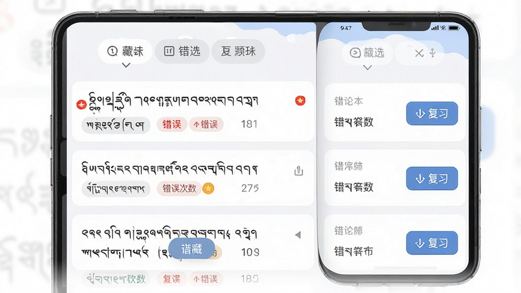 藏文理论交规错题本功能界面图,主体为手机屏幕显示错题列表,列表项包含藏文题目摘要与错误次数标记,顶部有筛选标签栏,布局为垂直列表排版,风格为清爽卡片式设计,细节包含红色错误标记与复习按钮,画质清晰,画面干净,无多余元素