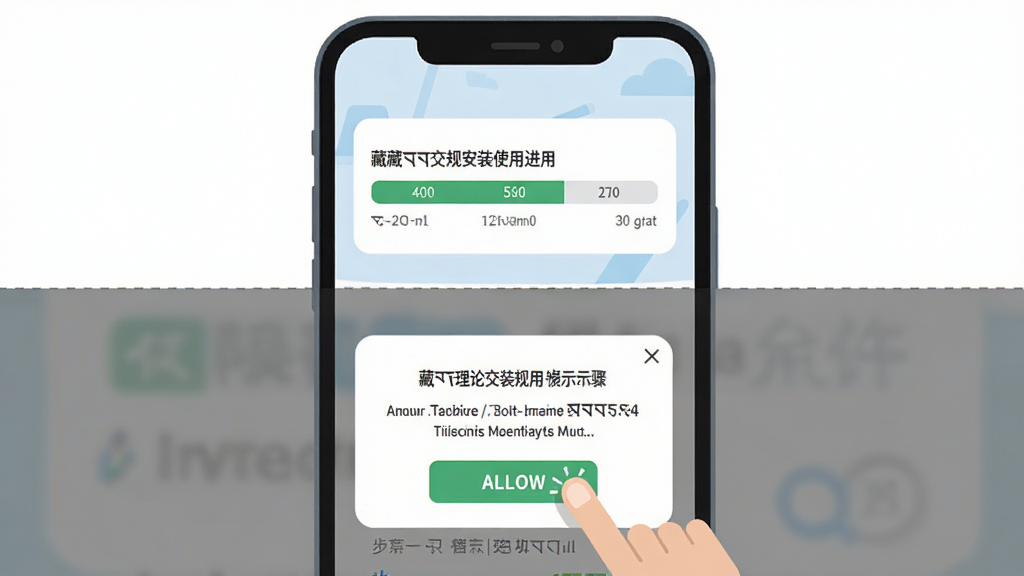 藏文理论交规安装使用步骤示意图,主体为手机屏幕显示安装进度条与权限允许弹窗,布局为上下分层,上半部分为安装进度,下半部分为权限请求对话框,风格为扁平化操作指引插画,细节包含手指点击允许按钮的动作示意,画质清晰,画面干净,无多余元素