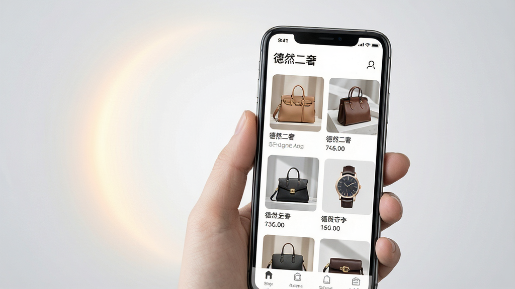 一只手持智能手机展示二手奢侈品交易应用界面,画面主体为手机屏幕中呈现箱包与腕表商品列表,布局采用居中构图,手机置于画面中央偏右,左侧以柔和光晕衬托,排版上顶部留白放置应用名称“德然二奢”,风格为现代简约的科技产品展示风,细节包括屏幕反光、商品缩略图清晰、背景为浅灰渐变,画质高清,画面干净,无多余元素