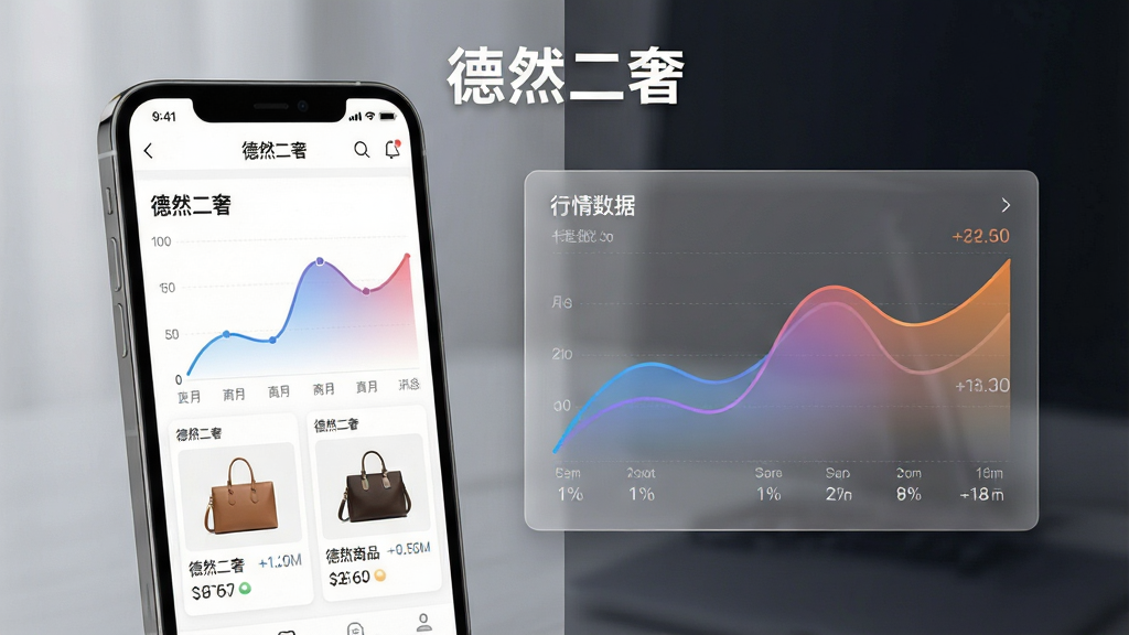 一部手机屏幕中显示二手奢侈品价格走势曲线与箱包商品卡片,画面主体为手机与悬浮的数据图表,布局采用左右分栏,左侧手机展示“德然二奢”应用界面,右侧以半透明卡片呈现行情数据,排版上顶部居中放置标题文字“德然二奢”,风格为清爽的商务信息图风,细节包括曲线渐变、商品小图、数字清晰可辨,画质高清,画面干净,无多余元素