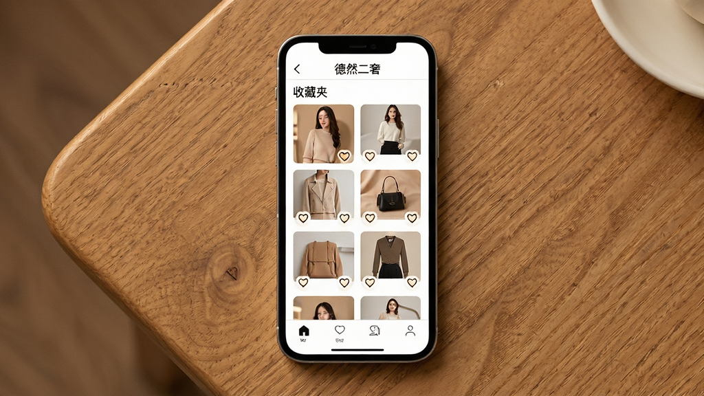 手机应用界面中展示收藏夹与关注列表,画面主体为手机屏幕内的商品缩略图网格与心形收藏图标,布局采用居中对称构图,手机平放于木质桌面,排版上屏幕内顶部显示“德然二奢”字样,风格为温暖的生活化产品摄影风,细节包括图标高亮、缩略图排列整齐、桌面纹理自然,画质高清,画面干净,无多余元素