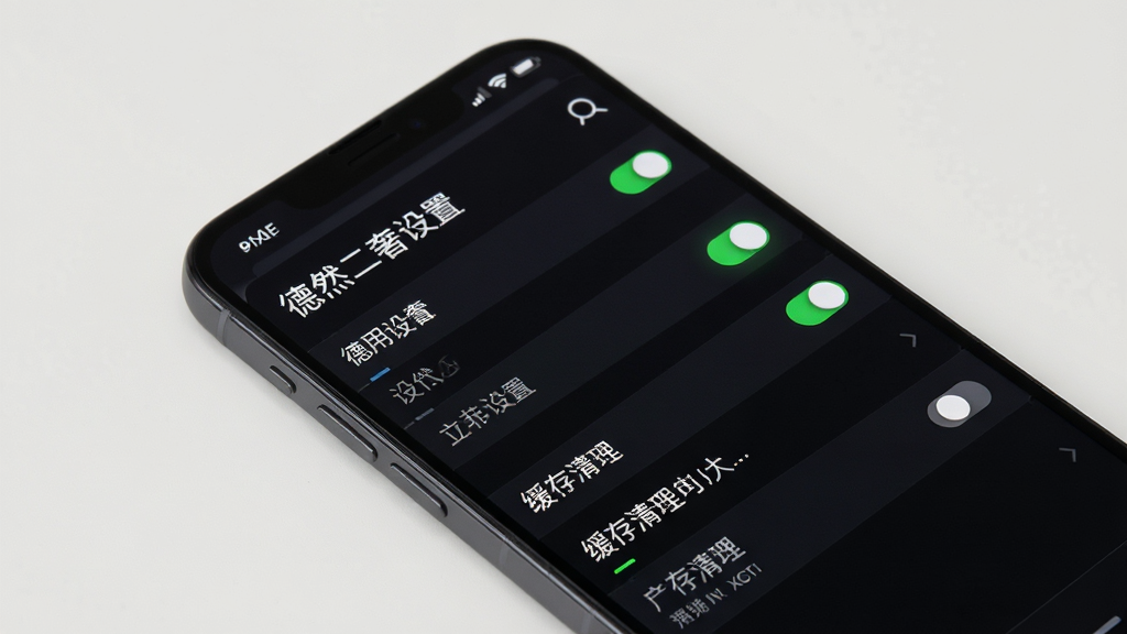 手机屏幕显示应用设置界面与缓存清理选项,画面主体为手机与设置菜单,布局采用对角线构图,手机斜置于画面中央,排版上屏幕内显示“德然二奢”设置页,风格为简洁的数码产品特写风,细节包括菜单项清晰、开关按钮高亮、背景为纯色,画质高清,画面干净,无多余元素
