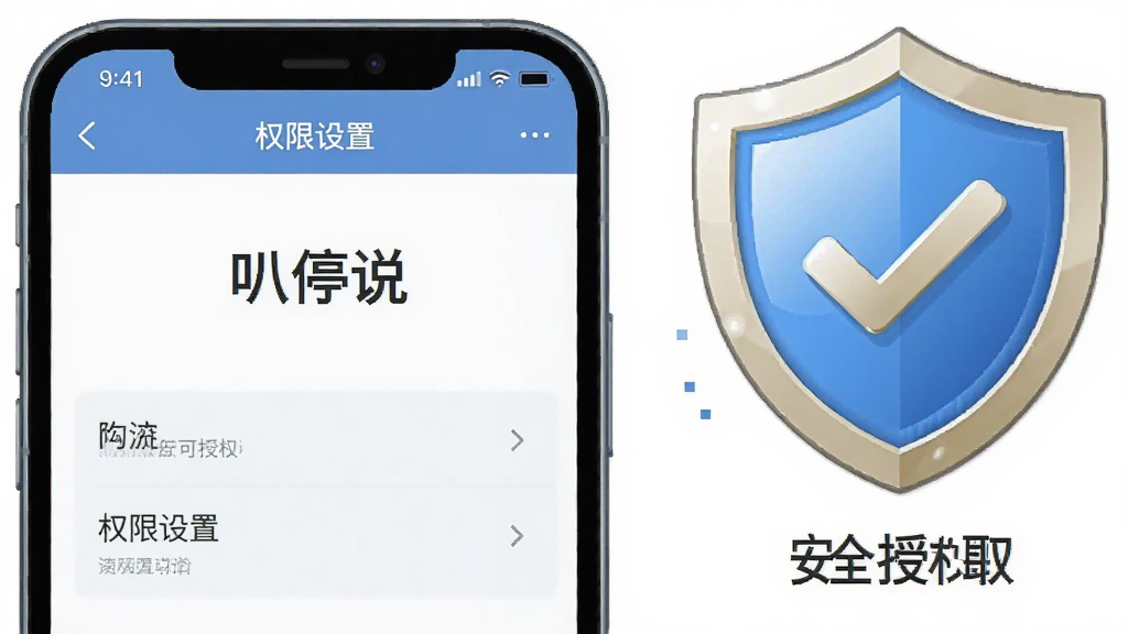 画面主体是一部手机屏幕显示“叭停说”权限设置界面,旁边有一个带勾的盾牌图标代表安全授权;布局为手机居中偏左、盾牌在右上方;排版清晰,顶部有“权限设置”文字标签;风格为简洁信息图插画;细节上盾牌有光泽感、手机界面元素分明;画质干净高清,无多余背景元素