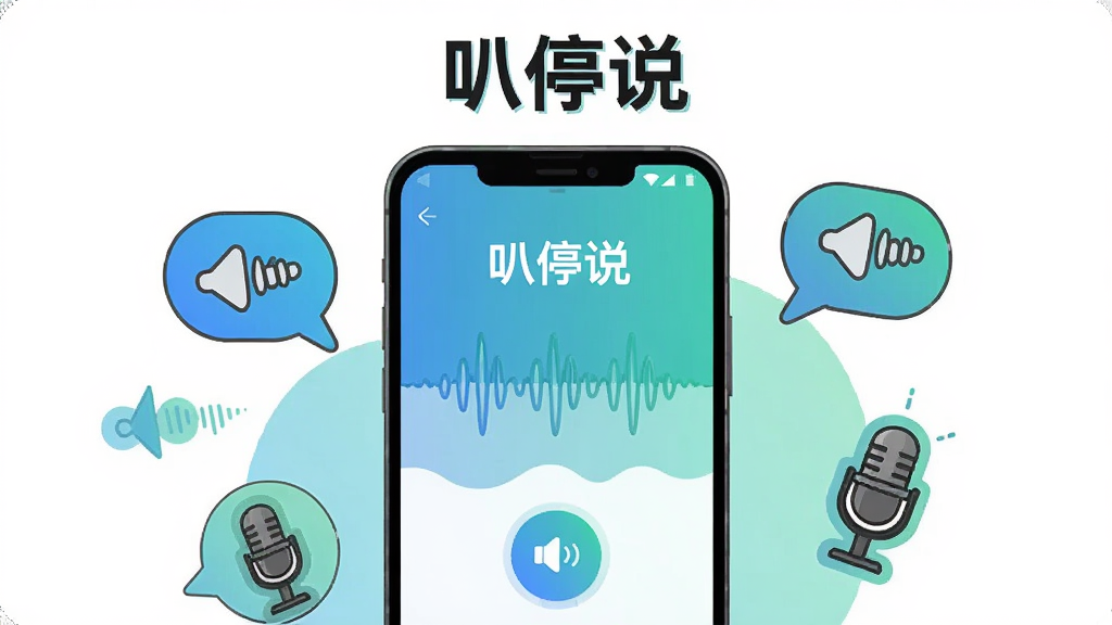 画面主体是一部竖屏安卓手机,屏幕中央显示“叭停说”应用主界面,界面包含语音录制按钮和趣味声波图形;手机周围环绕几个卡通风格的声音气泡与麦克风图标,布局为手机居中、元素环绕;排版简洁,上方留白放置应用名称文字;风格为清爽扁平化插画,配色以蓝绿渐变为主;细节上突出声波纹理和圆角按钮;画质清晰干净,无多余装饰元素