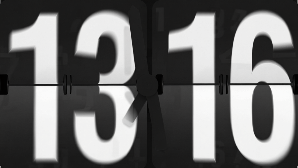 一张特写图,画面主体是Clock by Numio应用的翻页时钟界面,深色背景上白色数字正在进行翻页动画,数字边缘带有轻微的运动模糊,布局为居中大号数字占满画面,风格为科技感产品特写,细节包含数字翻页的立体层次感和细腻的阴影过渡,画质高清,干净,无多余元素