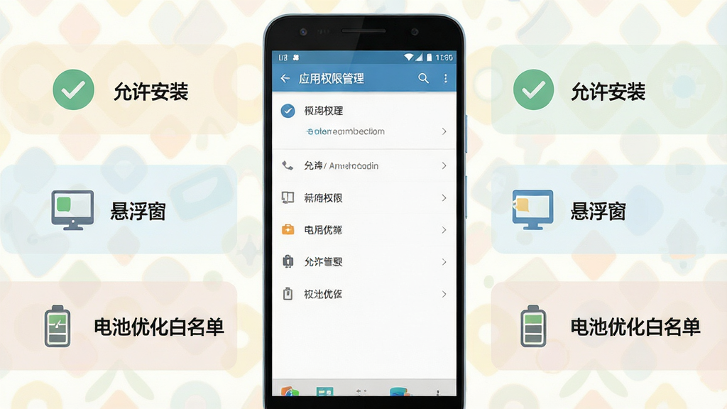 一张手机设置界面示意图,画面中一部手机屏幕显示安卓系统的应用权限管理页面,旁边用简洁的图标标注出“允许安装”“悬浮窗”“电池优化白名单”三个关键设置项,布局为手机居中、图标环绕四周,风格为扁平化信息图,细节包含清晰的图标线条和柔和的界面配色,画质高清,干净,无多余元素