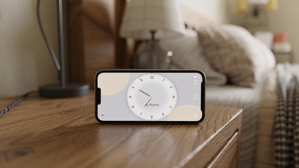 一张卧室床头场景图,画面中一部手机横放在木质床头柜上,屏幕显示Clock by Numio的全屏时钟界面,发出柔和的微光,布局为手机居中、背景虚化的卧室环境,风格为温馨生活摄影,细节包含床头柜的木纹质感、背景中模糊的台灯和床品,画质高清,干净,无多余元素