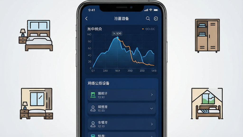 一张展示隐藏摄像头检测软件主界面的手机截图场景图,画面中央是一部竖屏智能手机,屏幕上显示深蓝色调的检测仪表盘界面,包含磁力数值曲线和网络设备列表卡片,手机周围环绕着酒店房间、更衣室、民宿三个场景的简笔图标,背景为干净的浅灰渐变,整体风格简洁科技感,细节清晰,画质干净,无多余元素