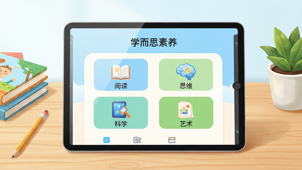 画面主体为一台放置于明亮书桌上的平板电脑,屏幕中央展示“学而思素养”应用主界面,界面包含阅读、思维、科学、艺术四大课程入口图标,布局呈居中对称;平板左侧摆放几本彩色童书与一支铅笔,右侧放一盆小绿植;整体排版简洁,风格为清新教育插画风,色调以浅蓝、暖白与嫩绿为主;细节上屏幕反光柔和、图标边缘清晰、桌面木纹自然;画质高清,画面干净,无多余元素