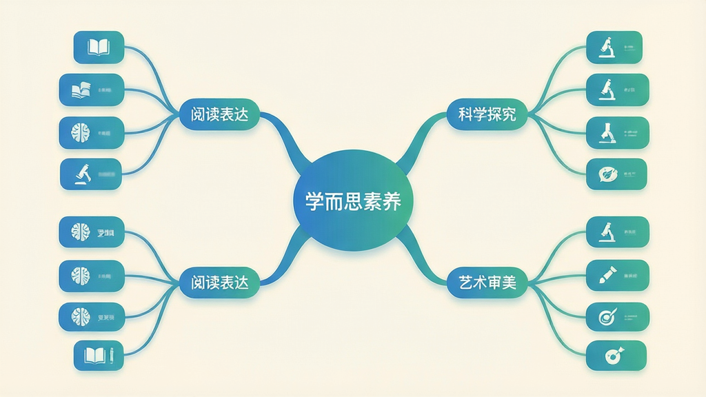 画面主体为一块悬浮的课程体系结构图,中心写着“学而思素养”,四周延伸出四个分支标签分别为“阅读表达”“逻辑思维”“科学探究”“艺术审美”,每个分支下再连接若干小卡片图标;布局采用放射状思维导图排版,风格为扁平化教育信息图,色调以蓝绿渐变与米白为底;细节上连线流畅、图标简约、文字清晰;画质高清,画面干净,无多余元素