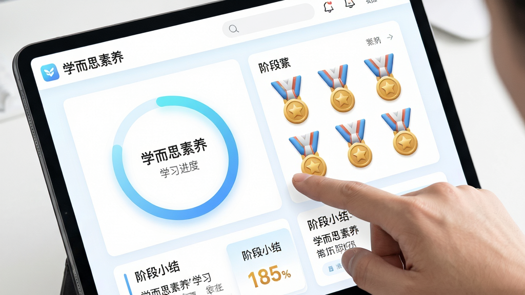 画面主体为平板屏幕特写,显示“学而思素养”学习进度页面,包含环形进度条、勋章墙与阶段小结卡片;屏幕旁有一只手轻轻指向进度条;布局为屏幕占画面主要位置,风格为清爽UI展示风,色调以白色、浅蓝与金色勋章点缀;细节上进度条渐变自然、勋章有立体感、文字排版整齐;画质高清,画面干净,无多余元素