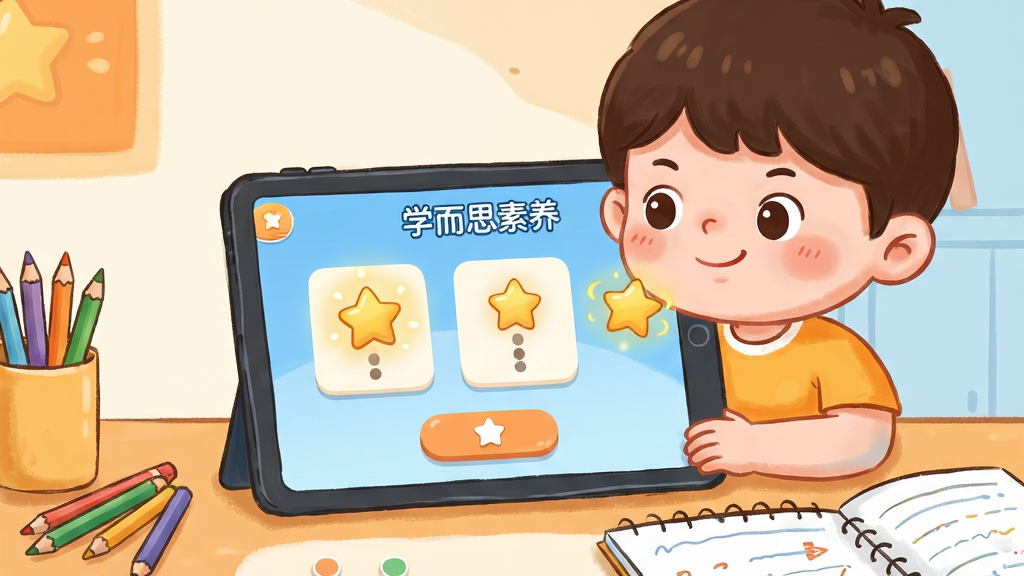 画面主体为一个卡通儿童坐在书桌前,面前平板屏幕显示“学而思素养”互动答题界面,屏幕上有拖拽选项与星星奖励动画;孩子表情专注微笑,桌面有彩色铅笔与练习本;布局为居中人物加屏幕特写,风格为温暖卡通插画,色调以橙黄与浅蓝搭配;细节上动画星星有光晕、界面按钮圆润、人物线条柔和;画质高清,画面干净,无多余元素