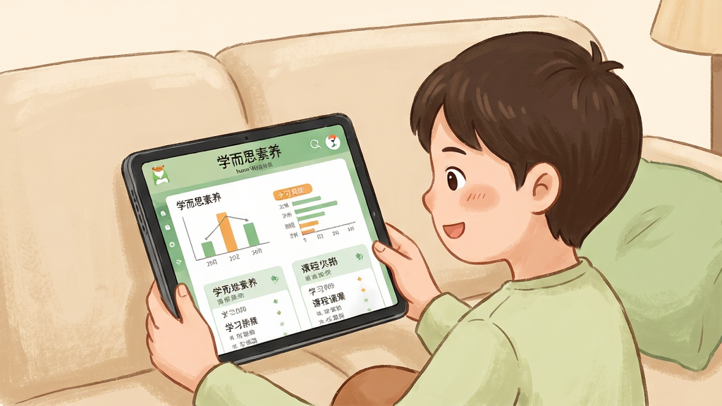 画面主体为一位家长与孩子并排坐在沙发上,共同看着平板屏幕上的“学而思素养”学习报告页面,页面显示图表与课程安排;布局为人物半身加屏幕内容展示,风格为温馨家庭插画,色调以暖米色与浅绿为主;细节上人物表情自然、屏幕图表清晰、沙发纹理柔和;画质高清,画面干净,无多余元素