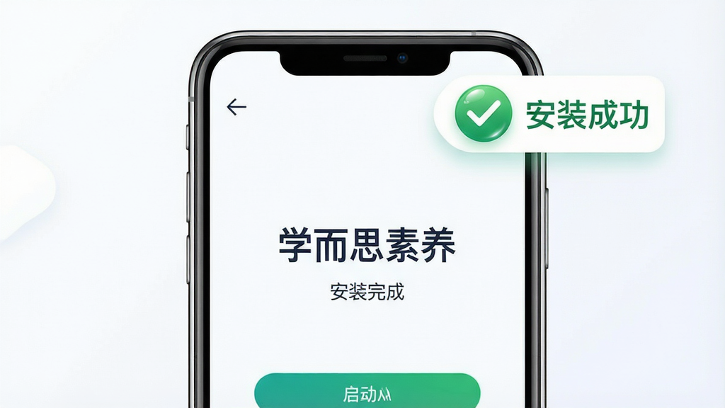 画面主体为一部手机屏幕特写,显示“学而思素养”安装完成后的启动界面,屏幕旁有一个绿色对勾图标与“安装成功”字样标签;布局为手机居中、标签悬浮于右上角,风格为简洁科技插画,色调以白色、蓝色与绿色点缀;细节上手机边框清晰、对勾有轻微光泽、背景干净;画质高清,画面干净,无多余元素