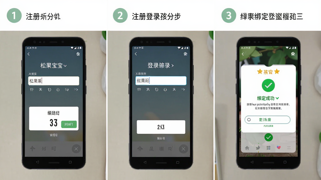 松果宝宝安卓手机安装与登录操作流程图,主体为手机屏幕分步展示注册登录绑定孩子三个步骤,布局采用横向三格分镜排列,排版上每格配手机界面截图与序号标注,风格简洁教程风,细节包含输入框、验证码按钮、绑定成功提示与绿色对勾图标,画质清晰干净无多余元素