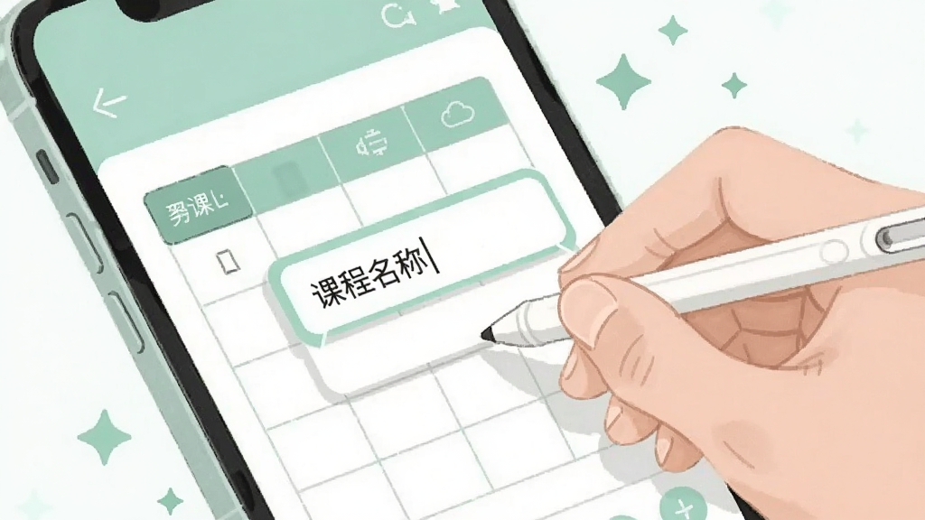 画面展示一只手拿着触控笔在手机屏幕上点击课表格子,格子内弹出输入框写着“课程名称”,界面配色为柔和的薄荷绿与白色,周围点缀小星星图标,风格简洁现代的UI插画,画质干净清晰,无杂乱元素
