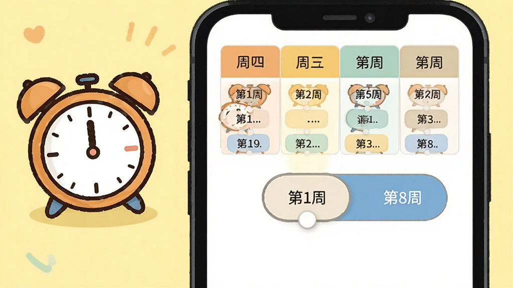 手机屏幕显示周次切换滑块,从“第1周”滑到“第8周”,课表格子随周次变化而更新,旁边有一个卡通闹钟图标,背景为淡黄色,风格活泼可爱的矢量插画,排版整洁,画质清晰,无多余装饰