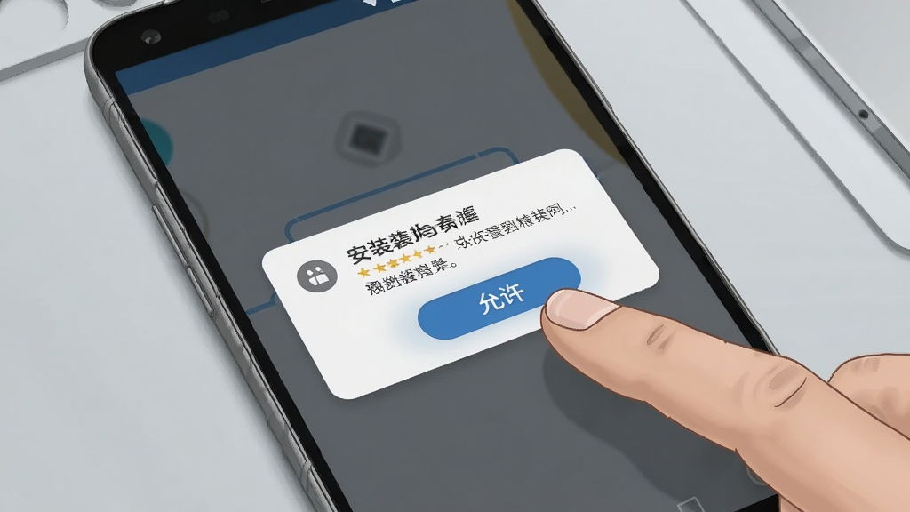 画面为一部安卓手机屏幕特写,屏幕中央弹出安装权限提示框,旁边有手指点击“允许”按钮的动作,背景为浅灰色工作台桌面,风格写实科技感插画,细节清晰,画质干净,无多余元素
